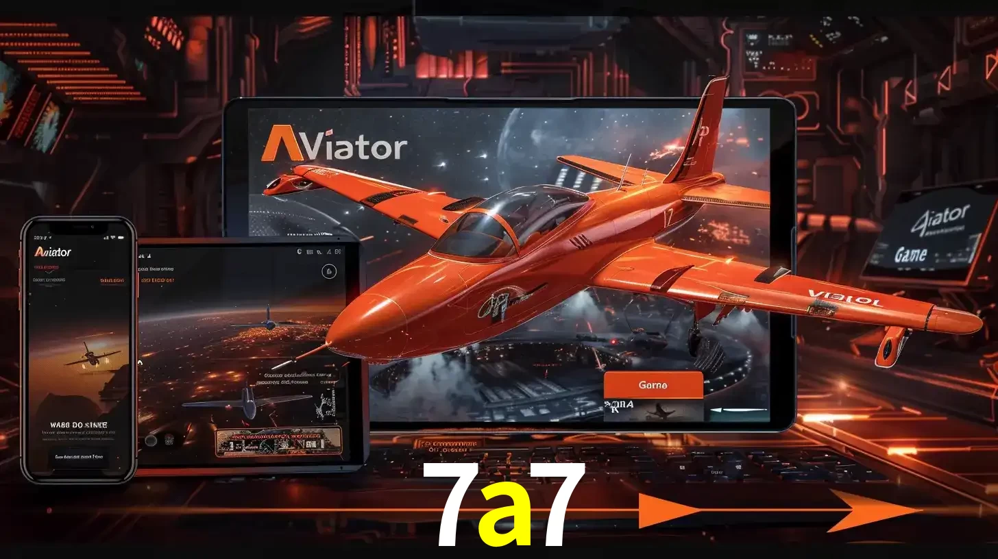 Apresentação tecnológica do jogo Aviator com um avião saindo da tela de um tablet, demonstrando a experiência imersiva em múltiplos dispositivos no 7a7.