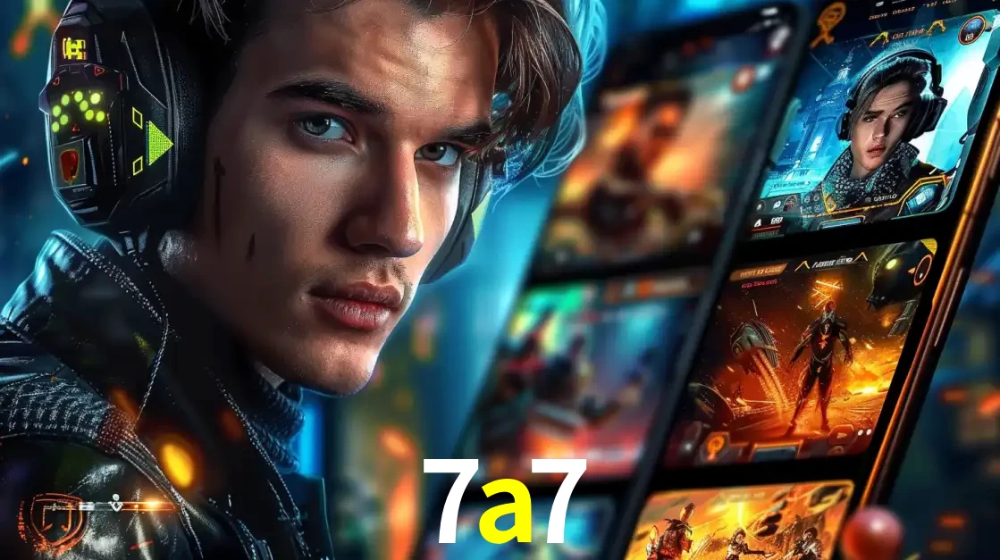 Jovem jogador com fones de ouvido olhando para a câmera, com um aplicativo de jogos e e-sports para celular ao fundo, pronto para a competição e apostas no 7a7.