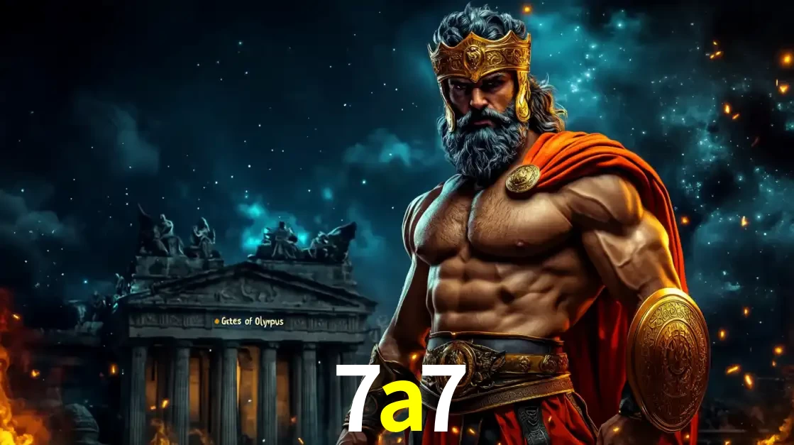 O poderoso Zeus do jogo de slot Gates of Olympus em frente ao seu templo, pronto para lançar multiplicadores divinos e prêmios épicos no cassino online 7a7.