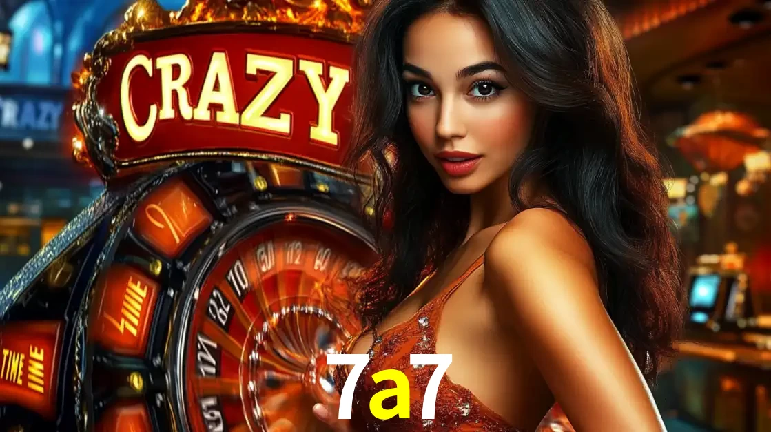 Mulher glamourosa olhando para a câmera com a roda vermelha do Crazy Time ao fundo em um ambiente de cassino, destacando a emoção dos jogos ao vivo no 7a7.