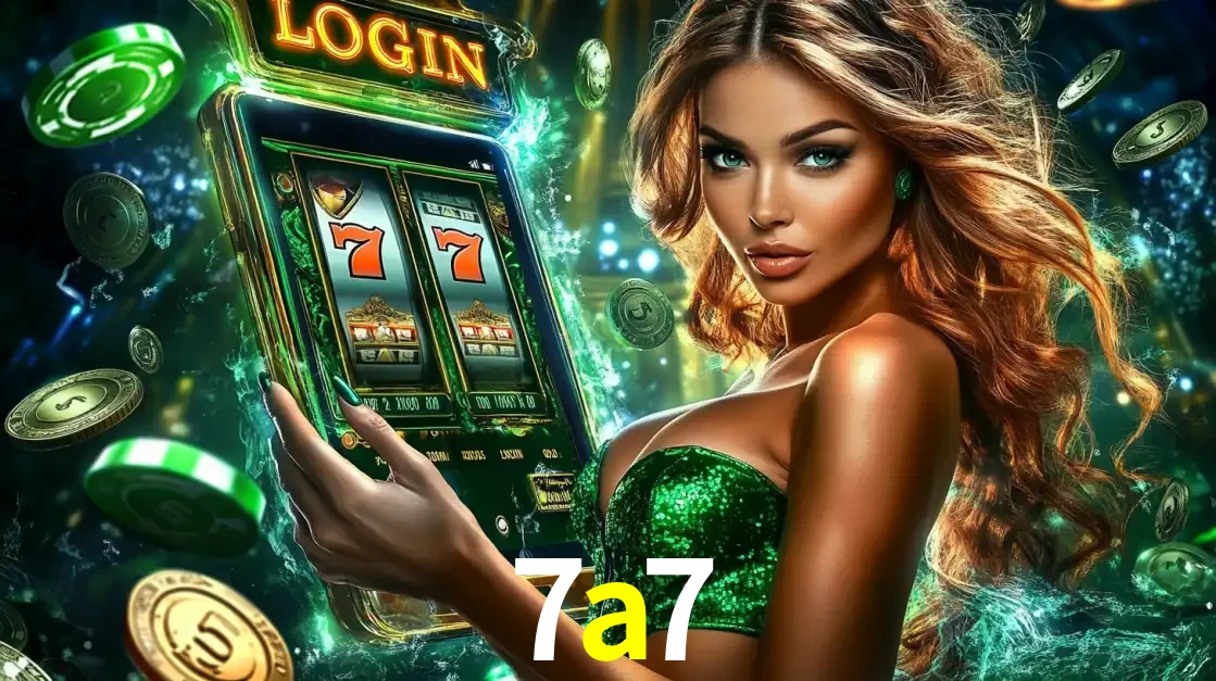 Mulher com tema verde apresentando o aplicativo do cassino 7a7 com um jogo de slot de 777, cercada por fichas de cassino e uma aura de sorte.