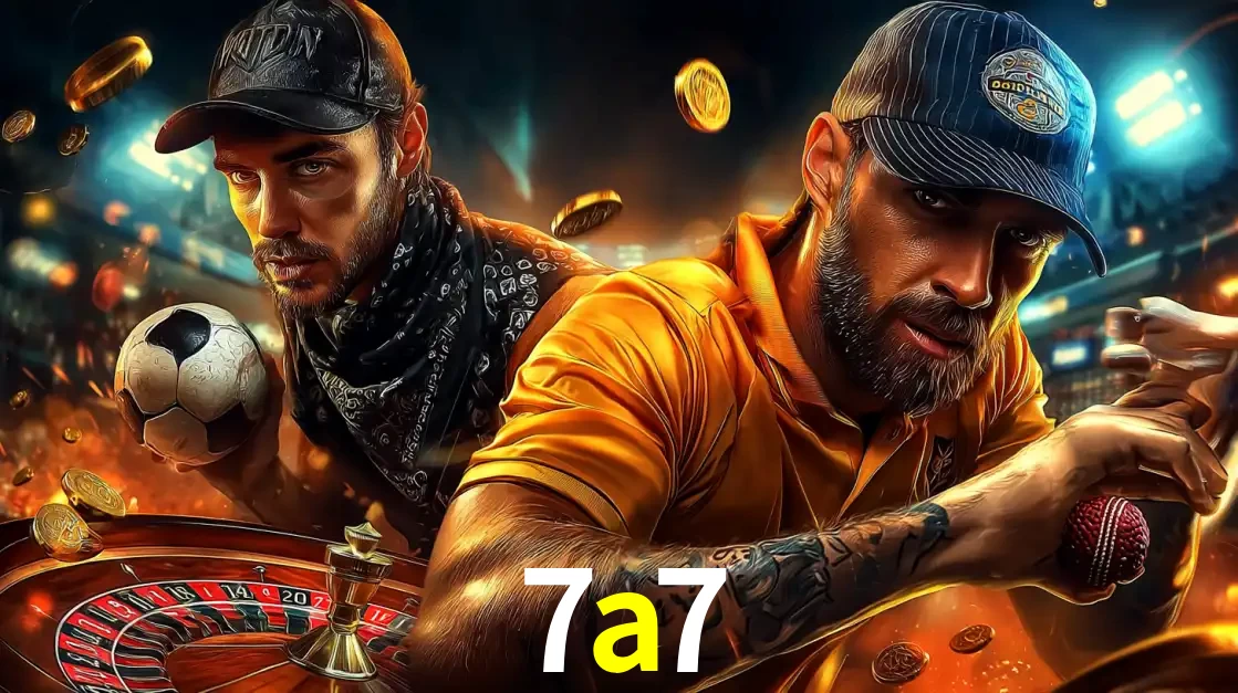 Montagem de apostas esportivas e cassino no 7a7, com um homem segurando uma bola de futebol e outro uma de beisebol sobre uma roleta e moedas voadoras.