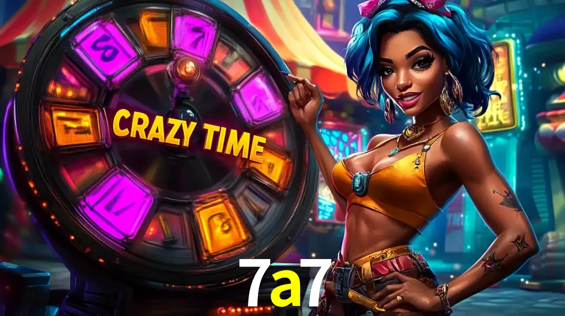 Mulher estilizada com cabelo azul e visual vibrante posando ao lado da roda de prêmios do game show Crazy Time, convidando para a diversão e os bônus do cassino 7a7.