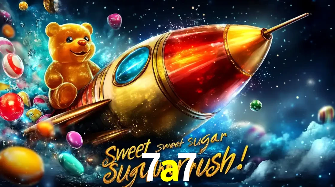 Arte promocional do jogo de slot Sugar Rush, com um urso de pelúcia em um foguete viajando pelo espaço de doces, um dos jogos divertidos disponíveis no cassino 7a7.