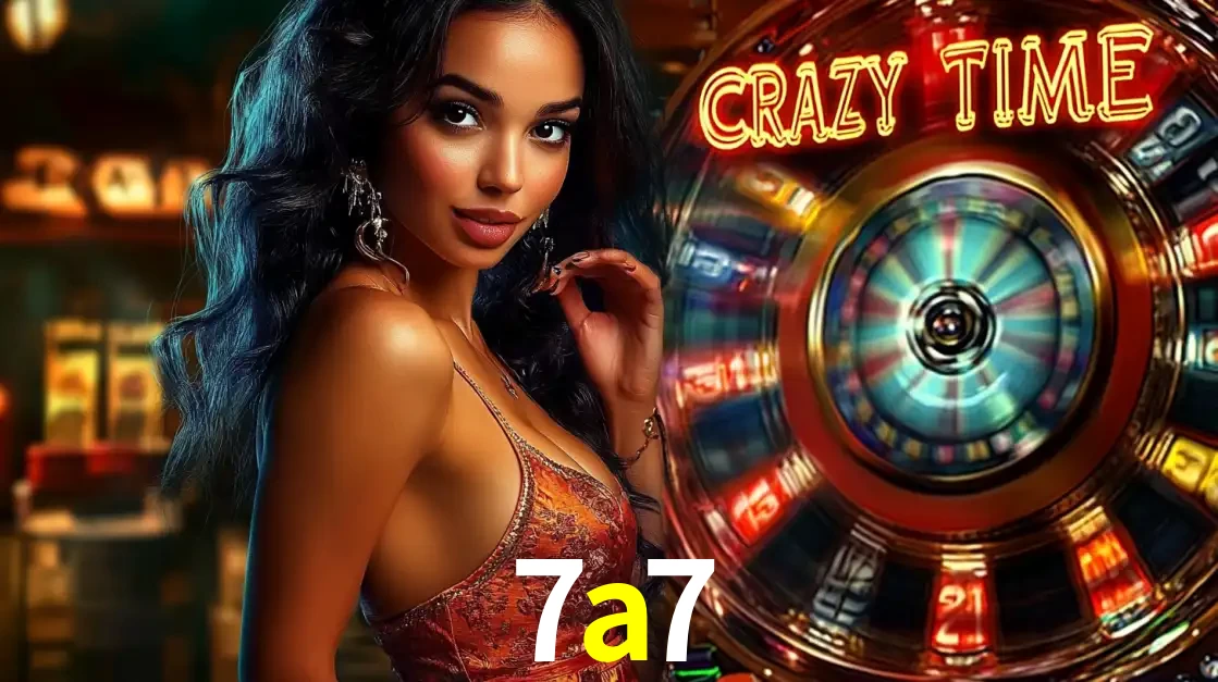 Mulher elegante ao lado da vibrante roda da fortuna do jogo de cassino ao vivo Crazy Time, um dos game shows mais populares e cheios de prêmios do 7a7.