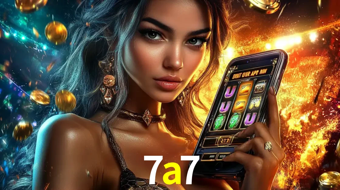 Mulher elegante mostrando um jogo de caça-níqueis em seu smartphone, destacando a experiência de cassino móvel oferecida pelo aplicativo 7a7.