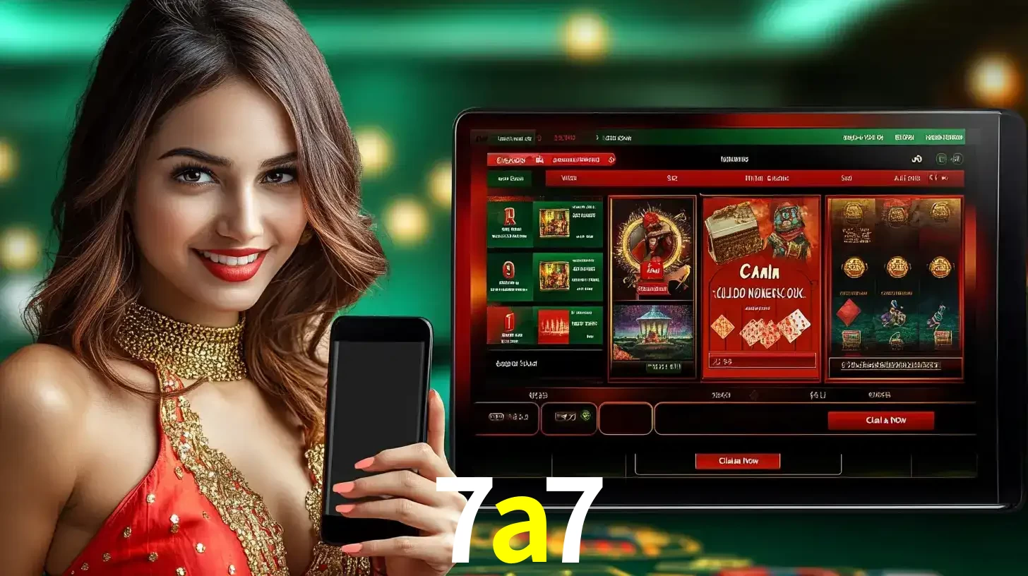 Mulher sorridente segurando um smartphone, ao lado de uma tela exibindo o lobby de jogos do cassino online 7a7, com várias opções de jogos de cartas e slots.